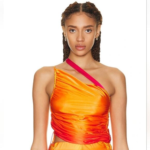 Andreadamo Tops - Andreadamo Draped Jersey Mono Shoulder Crop Top in Sex On the Beach Orange Small